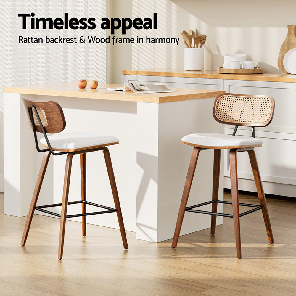 2x Vintage Bar Stools Kitchen Counter Rattan Chairs PU Leather Padding