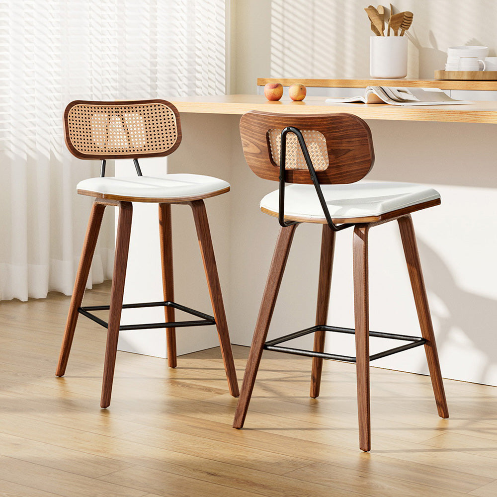 2x Vintage Bar Stools Kitchen Counter Rattan Chairs PU Leather Padding