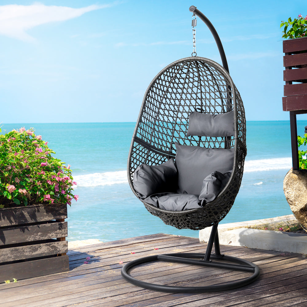 Gardeon Outdoor Egg Swing Chair Wicker Rattan Furniture Pod Stand Cushion Black